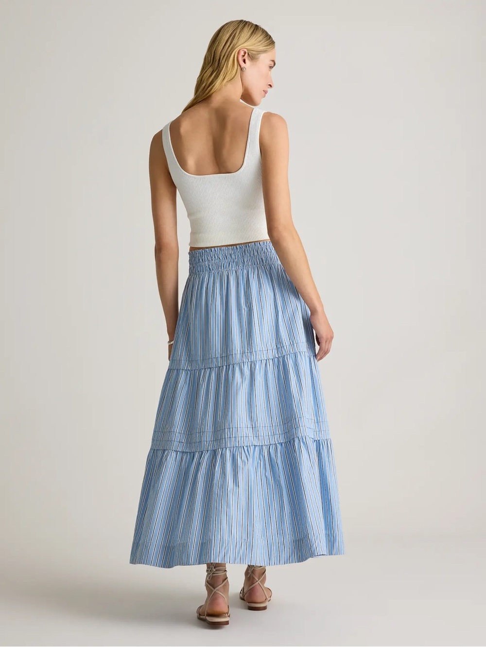 Quince 100% Organic Cotton Poplin Tiered Maxi Skirt | Size L | Blue White Stripe - Picture 2 of 8